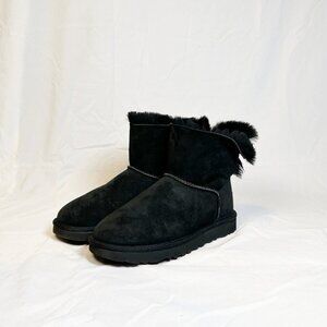 Ugg Mini Bailey Bow Black Sheepskin Booties Ankle Boots~7~
